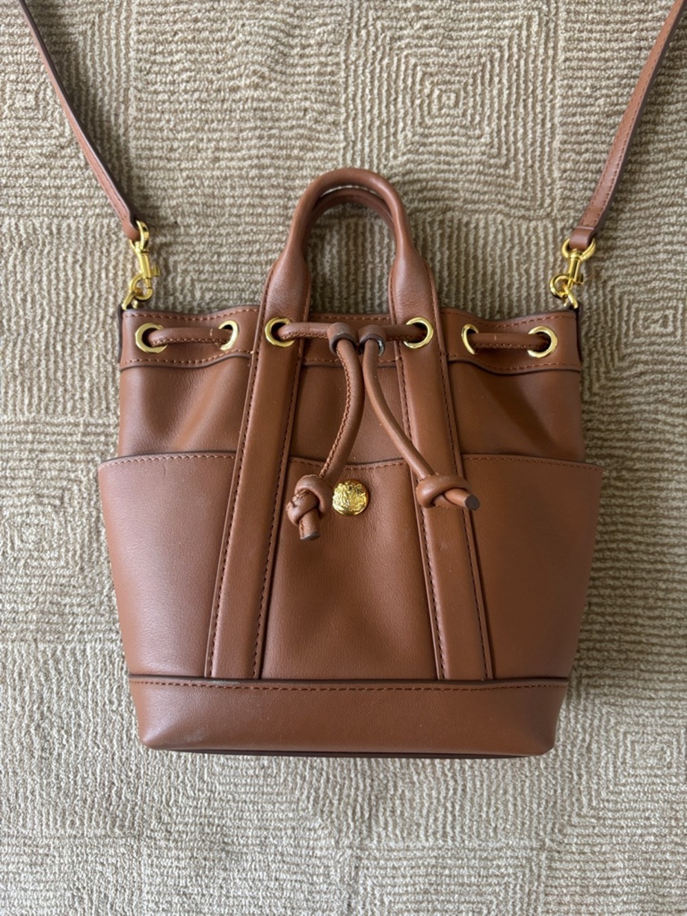 Veronica Beard Brown Leather Drawstring Crossbody Bag